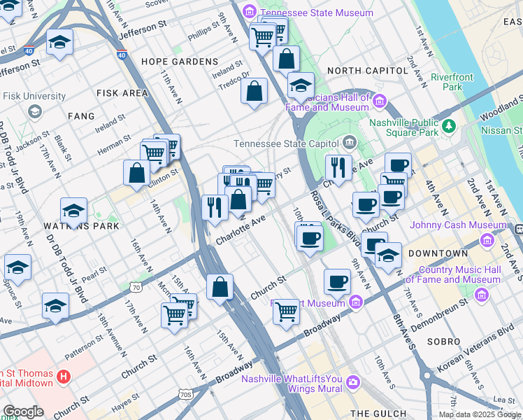 map of restaurants, bars, coffee shops, grocery stores, and more near 1016 Charlotte Avenue in Nashville