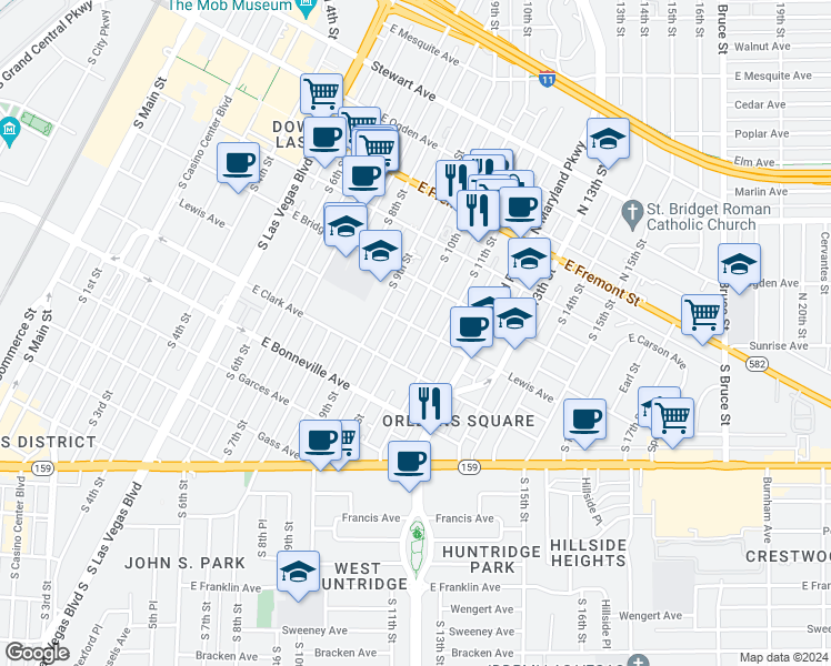 map of restaurants, bars, coffee shops, grocery stores, and more near 1000 Lewis Avenue in Las Vegas