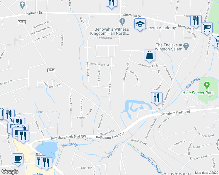 map of restaurants, bars, coffee shops, grocery stores, and more near 2300 Hutchins Street in Winston-Salem