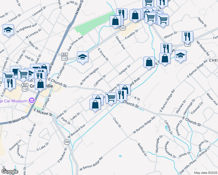 map of restaurants, bars, coffee shops, grocery stores, and more near 105 Chestnut Street in Greeneville
