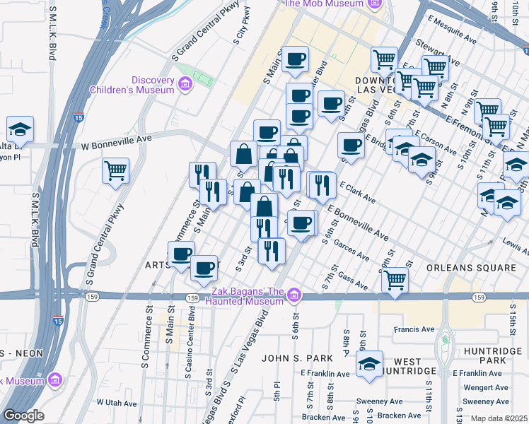 map of restaurants, bars, coffee shops, grocery stores, and more near 630 South 3rd Street in Las Vegas