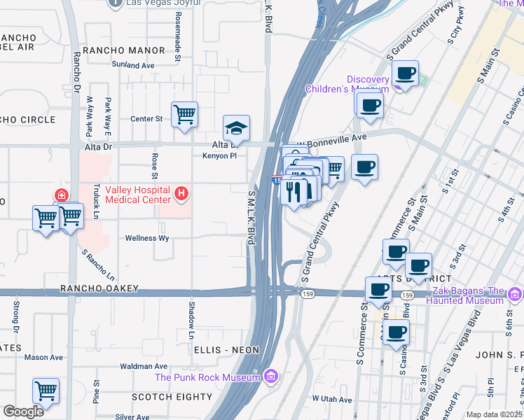 map of restaurants, bars, coffee shops, grocery stores, and more near 630 South Martin Luther King Boulevard in Las Vegas