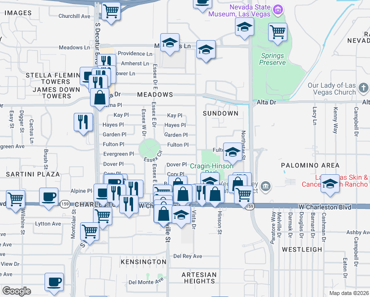 map of restaurants, bars, coffee shops, grocery stores, and more near 4218 Fulton Place in Las Vegas