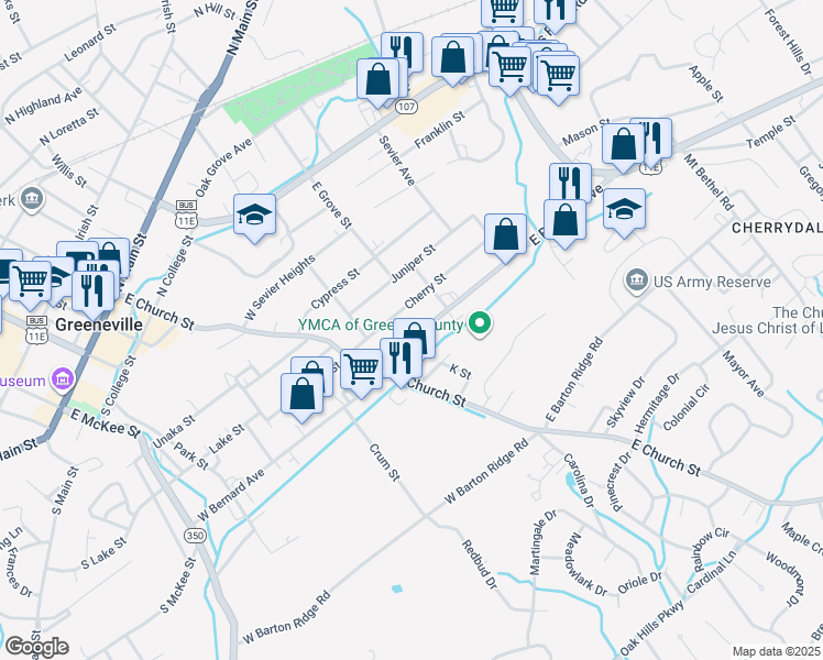 map of restaurants, bars, coffee shops, grocery stores, and more near 313 Cherry Street in Greeneville