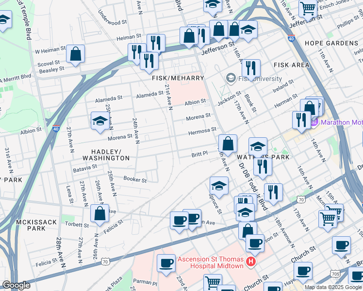 map of restaurants, bars, coffee shops, grocery stores, and more near 1913 Hermosa Street in Nashville