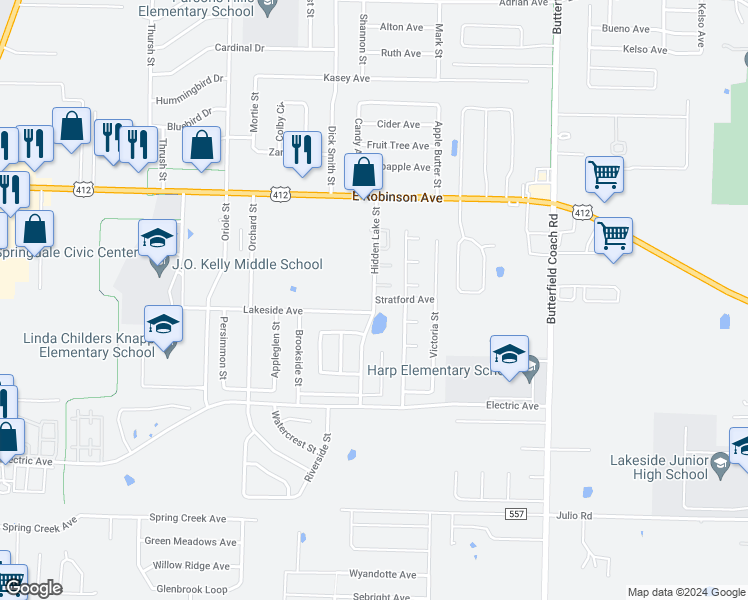 map of restaurants, bars, coffee shops, grocery stores, and more near 2410 Hidden Lake Street in Springdale
