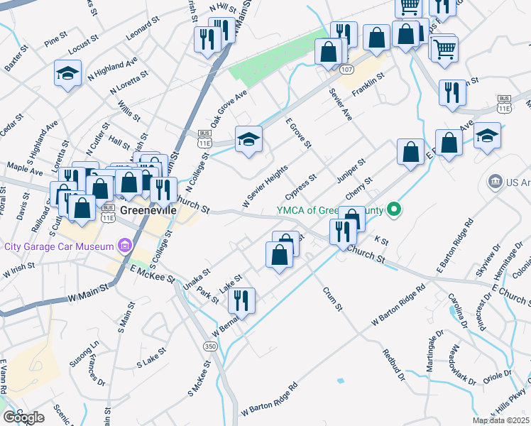 map of restaurants, bars, coffee shops, grocery stores, and more near 413 East Church Street in Greeneville