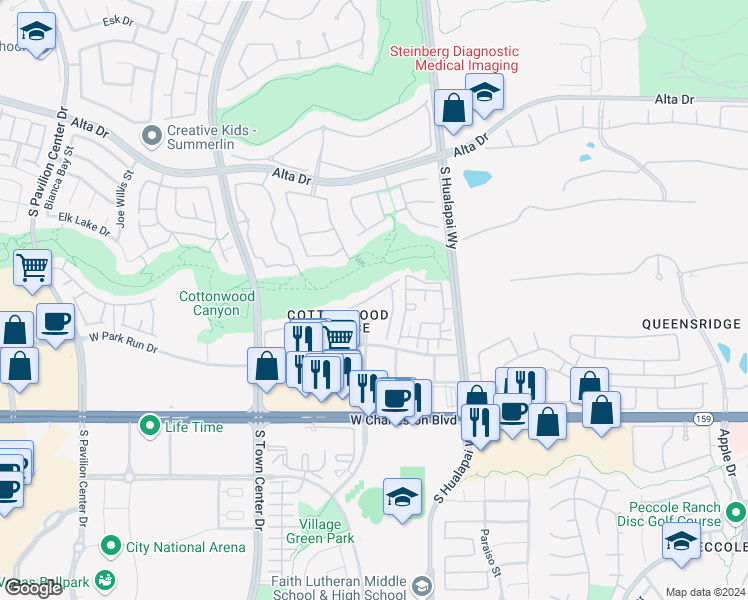 map of restaurants, bars, coffee shops, grocery stores, and more near 10185 Birch Bluff Lane in Las Vegas