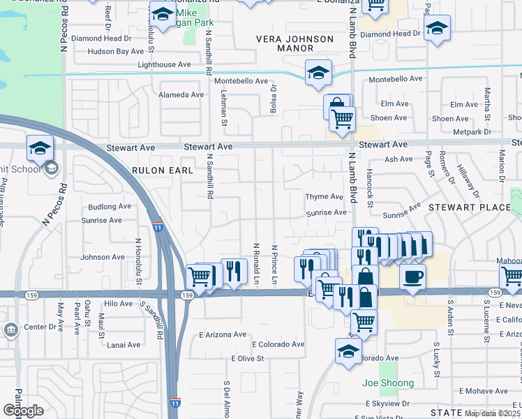 map of restaurants, bars, coffee shops, grocery stores, and more near 204 North Ronald Lane in Las Vegas