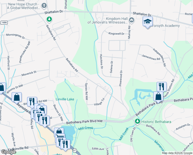 map of restaurants, bars, coffee shops, grocery stores, and more near 2393 Bethabara Road in Winston-Salem