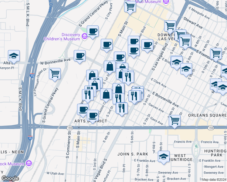 map of restaurants, bars, coffee shops, grocery stores, and more near 715 South Casino Center Boulevard in Las Vegas