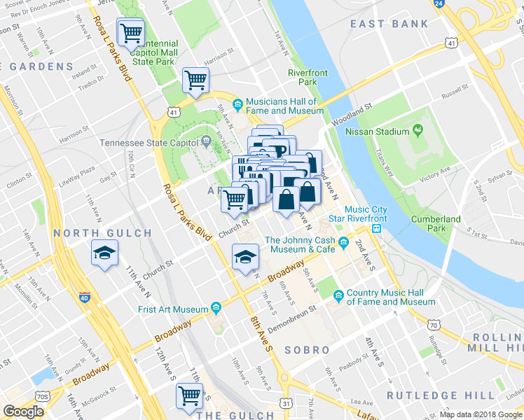 map of restaurants, bars, coffee shops, grocery stores, and more near 512 Church Street in Nashville