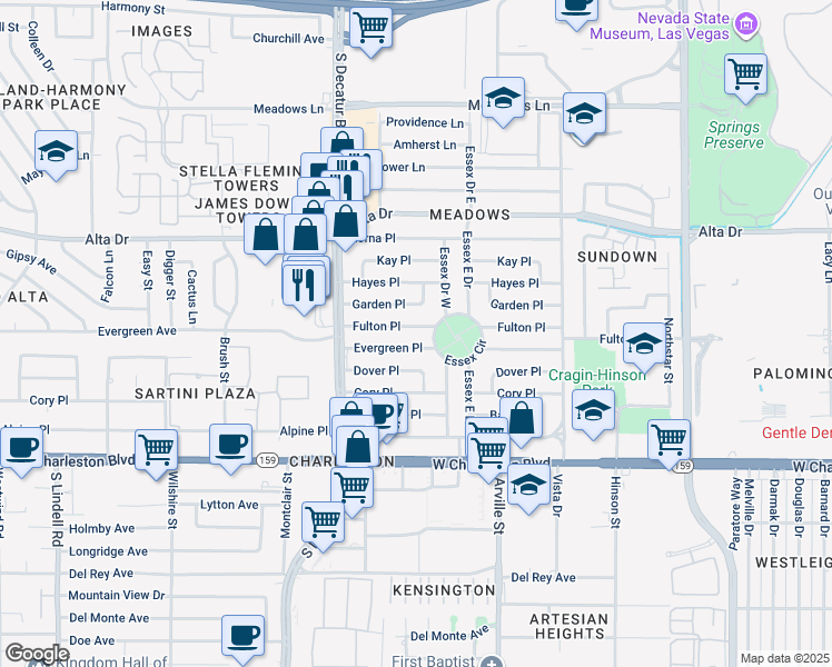 map of restaurants, bars, coffee shops, grocery stores, and more near 4525 Fulton Place in Las Vegas