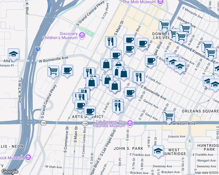 map of restaurants, bars, coffee shops, grocery stores, and more near 715 South Casino Center Boulevard in Las Vegas
