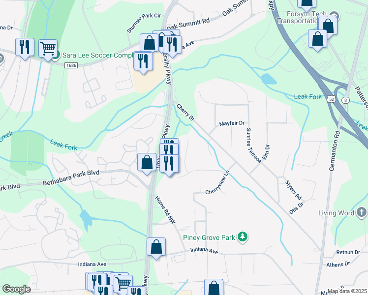 map of restaurants, bars, coffee shops, grocery stores, and more near 5140 Britt Road in Winston-Salem