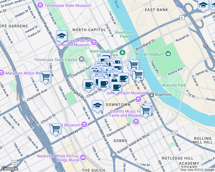 map of restaurants, bars, coffee shops, grocery stores, and more near 535 Church Street in Nashville