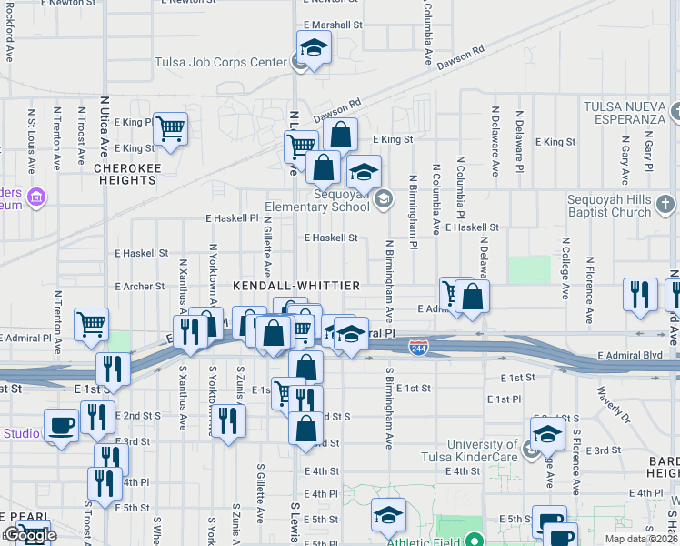 map of restaurants, bars, coffee shops, grocery stores, and more near 127 North Lewis Place in Tulsa