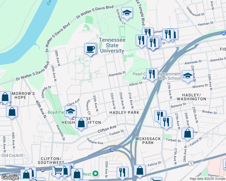 map of restaurants, bars, coffee shops, grocery stores, and more near in Nashville