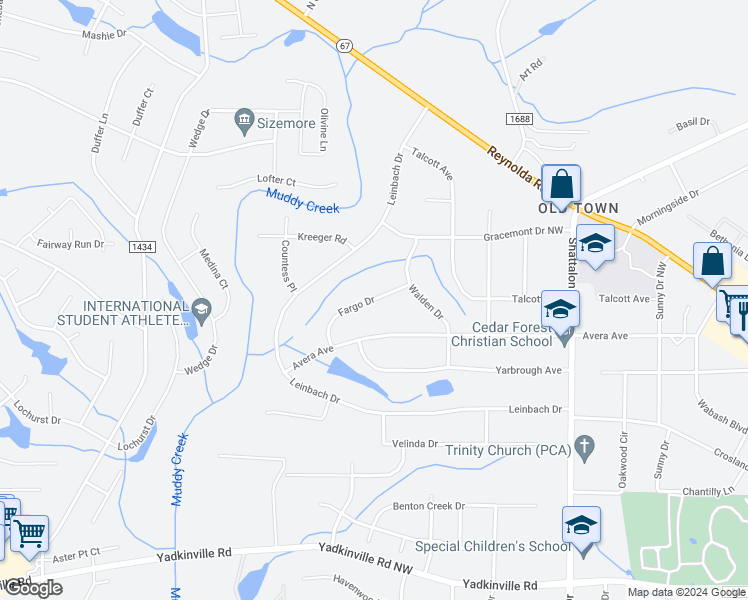 map of restaurants, bars, coffee shops, grocery stores, and more near 4015 Fargo Drive in Winston-Salem