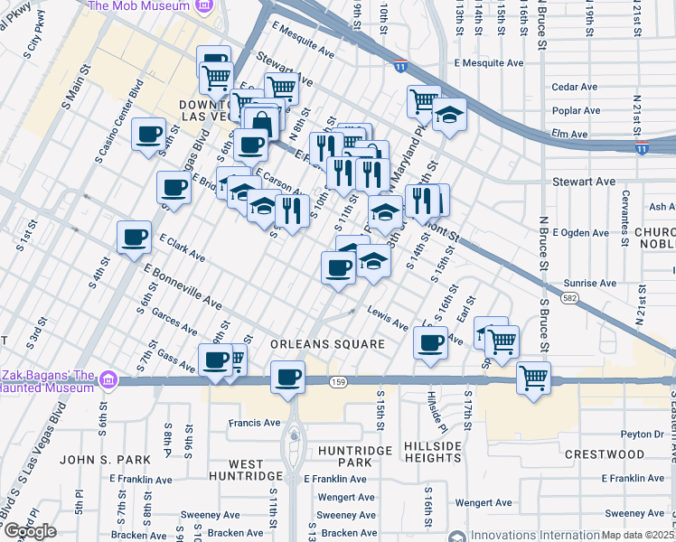map of restaurants, bars, coffee shops, grocery stores, and more near 312 South Maryland Parkway in Las Vegas
