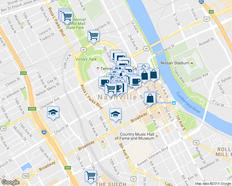 map of restaurants, bars, coffee shops, grocery stores, and more near 204 6th Ave N in Nashville