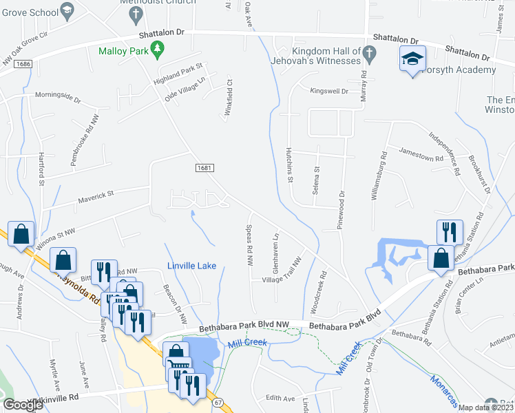 map of restaurants, bars, coffee shops, grocery stores, and more near 2393 Bethabara Road in Winston-Salem