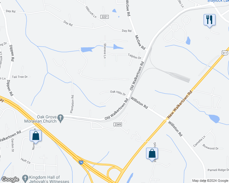 map of restaurants, bars, coffee shops, grocery stores, and more near Oak Hills Drive in Walkertown