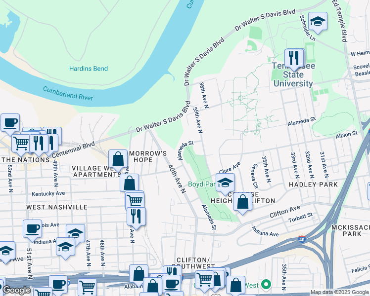 map of restaurants, bars, coffee shops, grocery stores, and more near 3921 Alameda Street in Nashville