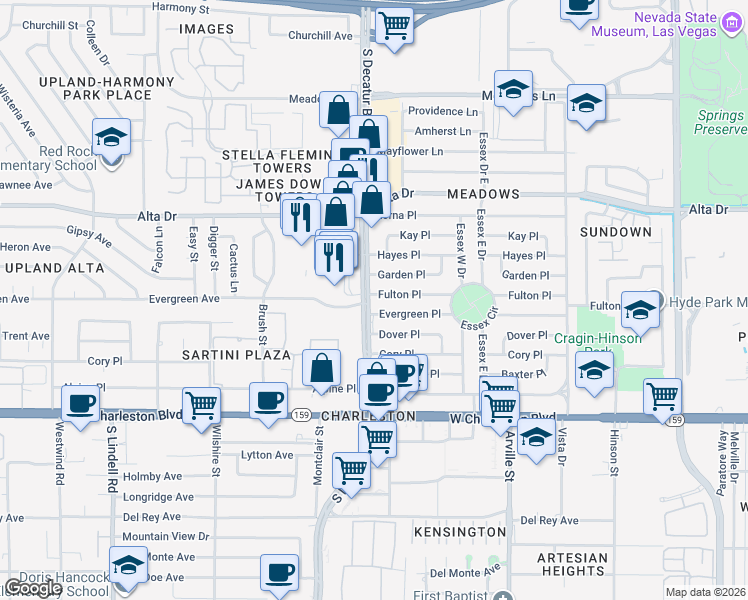 map of restaurants, bars, coffee shops, grocery stores, and more near 701 South Decatur Boulevard in Las Vegas