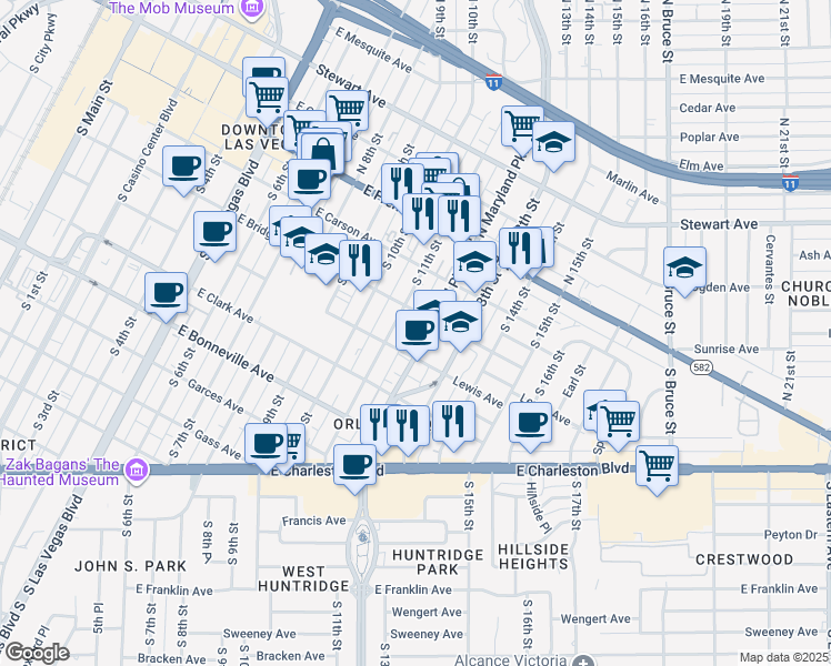 map of restaurants, bars, coffee shops, grocery stores, and more near 308 South 11th Street in Las Vegas