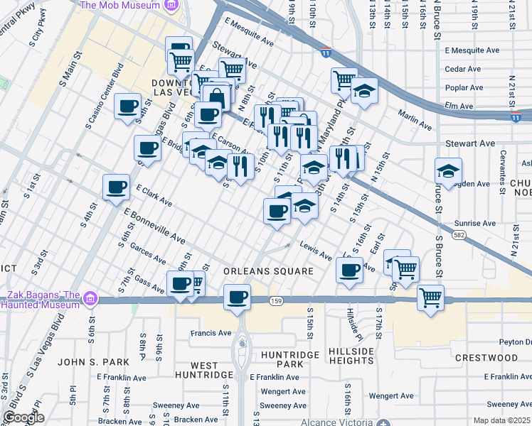 map of restaurants, bars, coffee shops, grocery stores, and more near 308 South 11th Street in Las Vegas