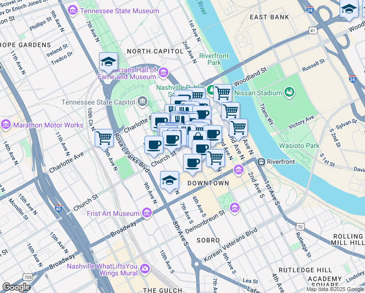 map of restaurants, bars, coffee shops, grocery stores, and more near 501 Church Street in Nashville