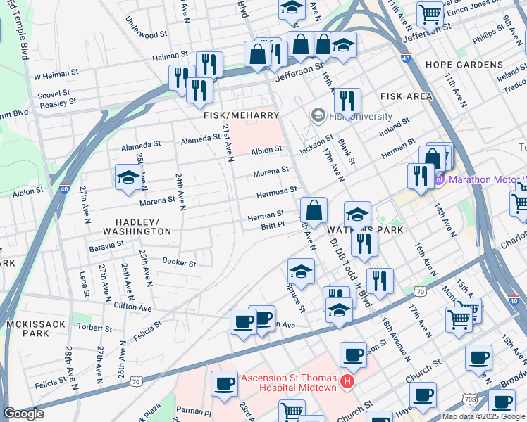 map of restaurants, bars, coffee shops, grocery stores, and more near 1823 Hermosa Street in Nashville