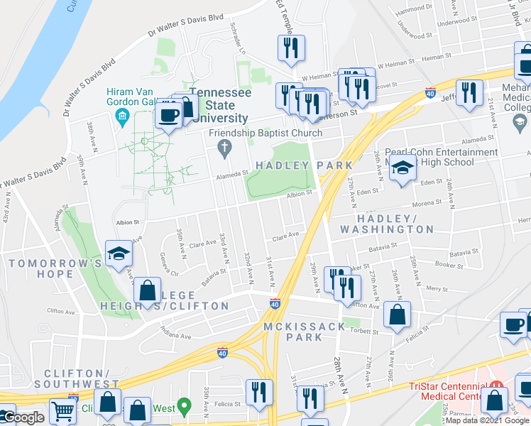 map of restaurants, bars, coffee shops, grocery stores, and more near 3007 Albion Street in Nashville