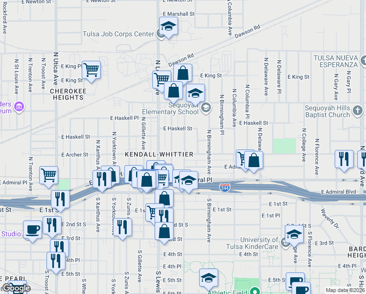 map of restaurants, bars, coffee shops, grocery stores, and more near 127 North Lewis Place in Tulsa