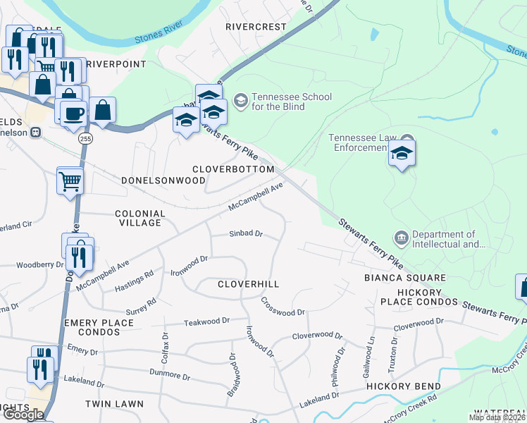 map of restaurants, bars, coffee shops, grocery stores, and more near 409 Cottonwood Drive in Nashville