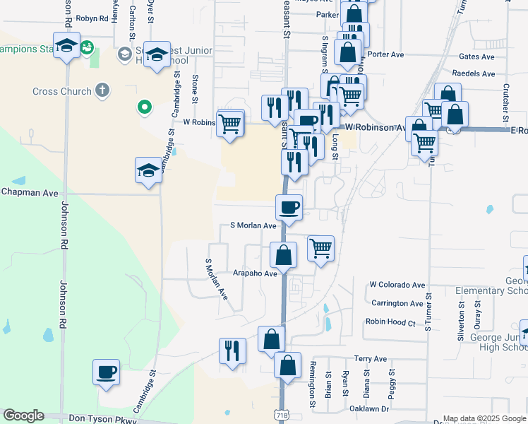 map of restaurants, bars, coffee shops, grocery stores, and more near 1122-1302 Hembree Avenue in Springdale