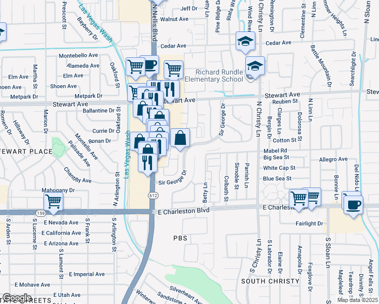 map of restaurants, bars, coffee shops, grocery stores, and more near 136 Sir George Drive in Las Vegas