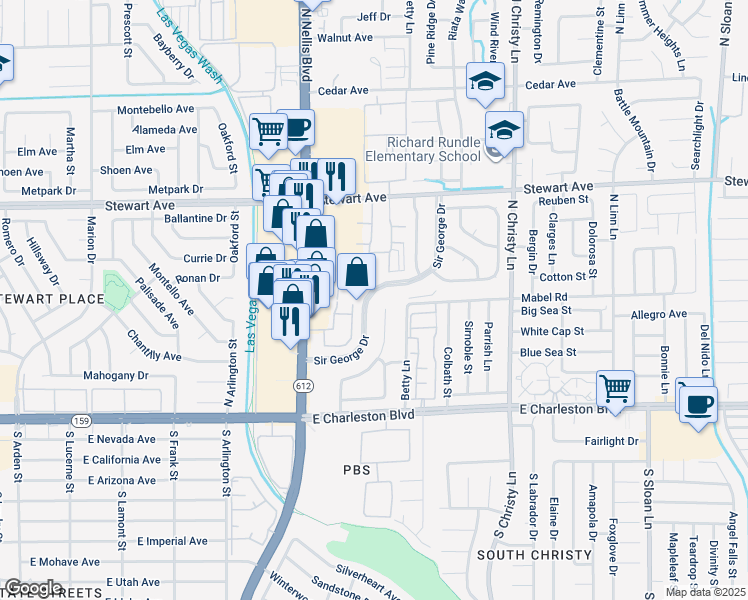 map of restaurants, bars, coffee shops, grocery stores, and more near 136 Sir George Drive in Las Vegas