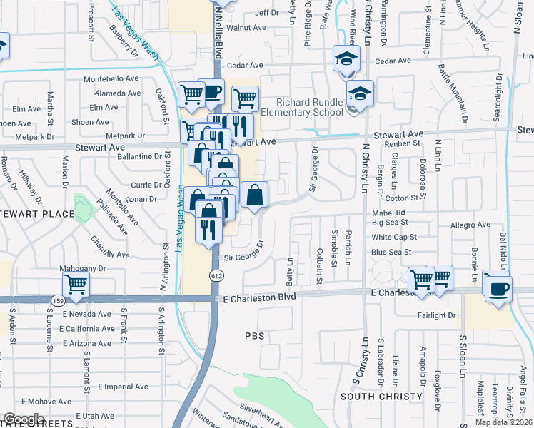 map of restaurants, bars, coffee shops, grocery stores, and more near 136 Sir George Drive in Las Vegas