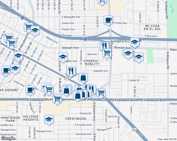 map of restaurants, bars, coffee shops, grocery stores, and more near 127 North 21st Street in Las Vegas