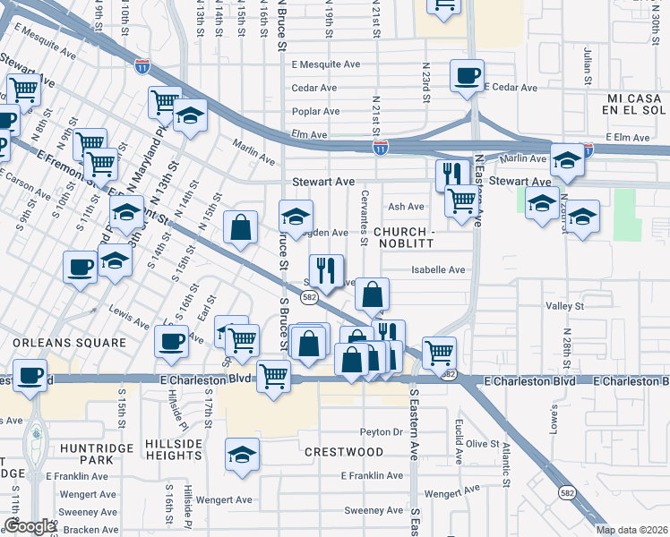 map of restaurants, bars, coffee shops, grocery stores, and more near 112 North 19th Street in Las Vegas