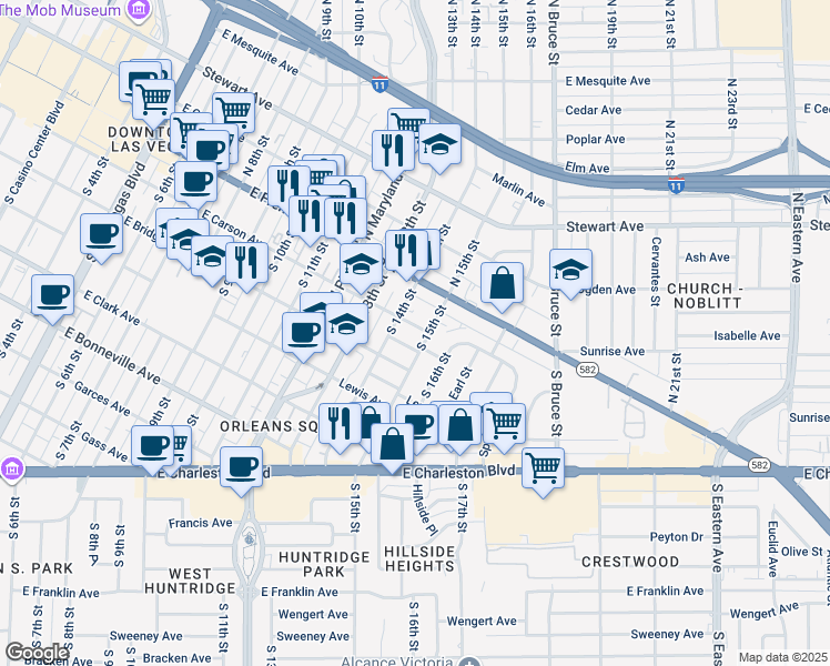 map of restaurants, bars, coffee shops, grocery stores, and more near 1414 Carson Avenue in Las Vegas