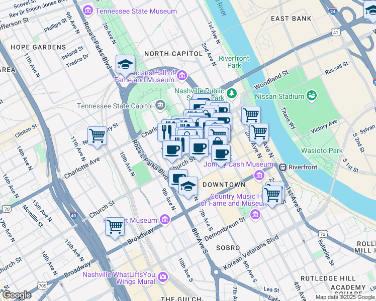 map of restaurants, bars, coffee shops, grocery stores, and more near 231 6th Avenue North in Nashville