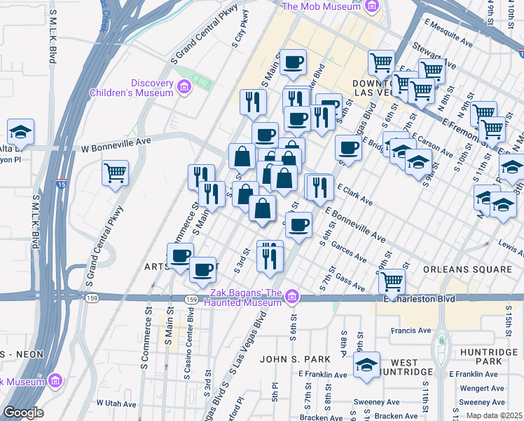 map of restaurants, bars, coffee shops, grocery stores, and more near 630 South 3rd Street in Las Vegas