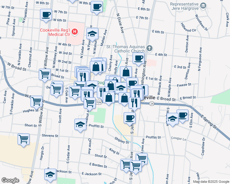 map of restaurants, bars, coffee shops, grocery stores, and more near 130 W Broad St in Cookeville