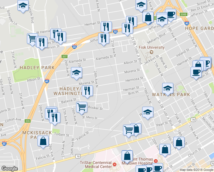 map of restaurants, bars, coffee shops, grocery stores, and more near 2133 Hermosa Street in Nashville