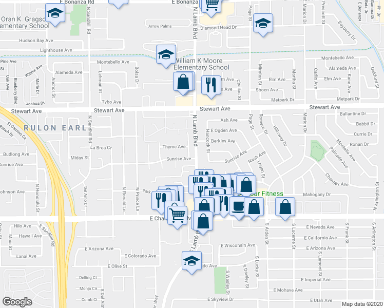 map of restaurants, bars, coffee shops, grocery stores, and more near 124 North Lamb Boulevard in Las Vegas