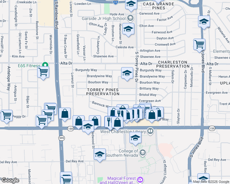 map of restaurants, bars, coffee shops, grocery stores, and more near 716 Kraemer Drive in Las Vegas