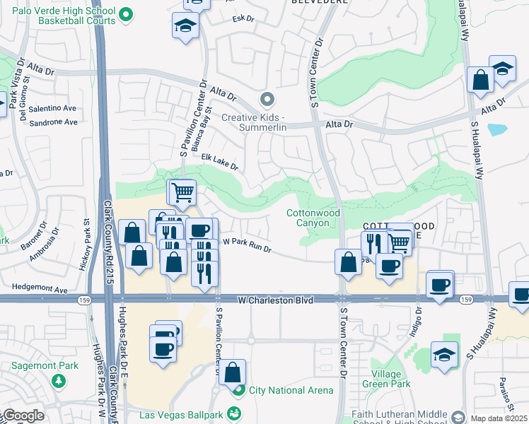 map of restaurants, bars, coffee shops, grocery stores, and more near 10600 Amber Ridge Drive in Las Vegas